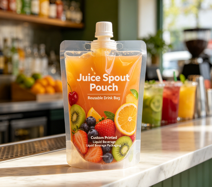 Skræddersyet trykt juicetudpose Genanvendelig stående tudpose til flydende drikke