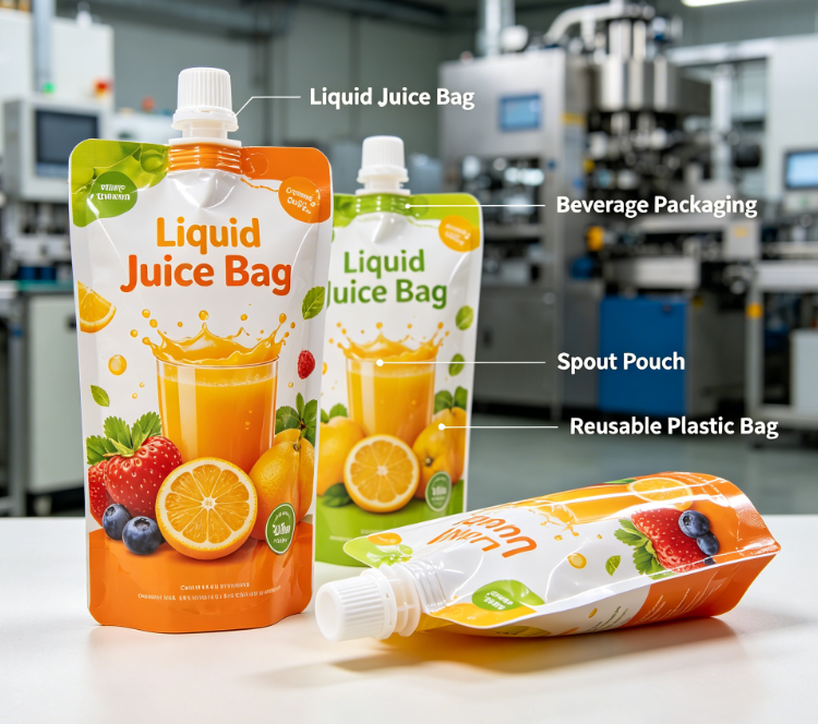 Skræddersyet trykt juicetudpose Genanvendelig stående tudpose til flydende drikke