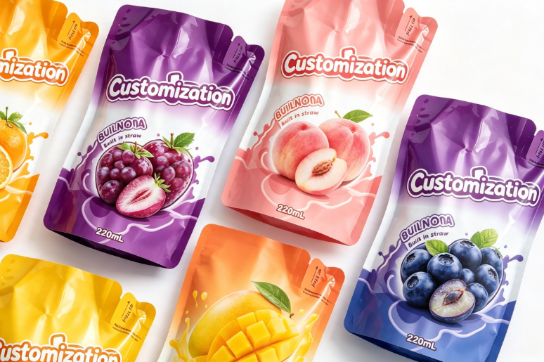 Multi Flavours 220 ml indbyggede halmpresseposer Custom frugtpuré & juice emballageposer