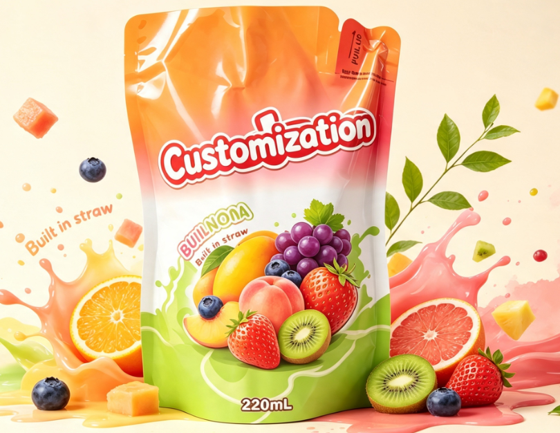 220 ml blandet frugtjuice Indbyggede halmposer Specialtrykte drikkevareemballageposer